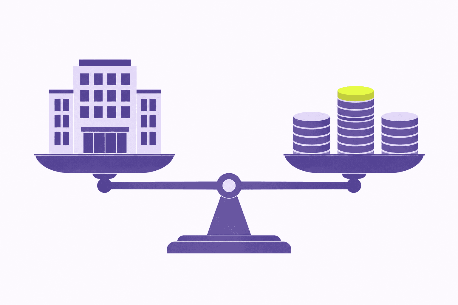 Flat illustration of an office building on one pan of a level balance scale, weighed against three stacks of coins