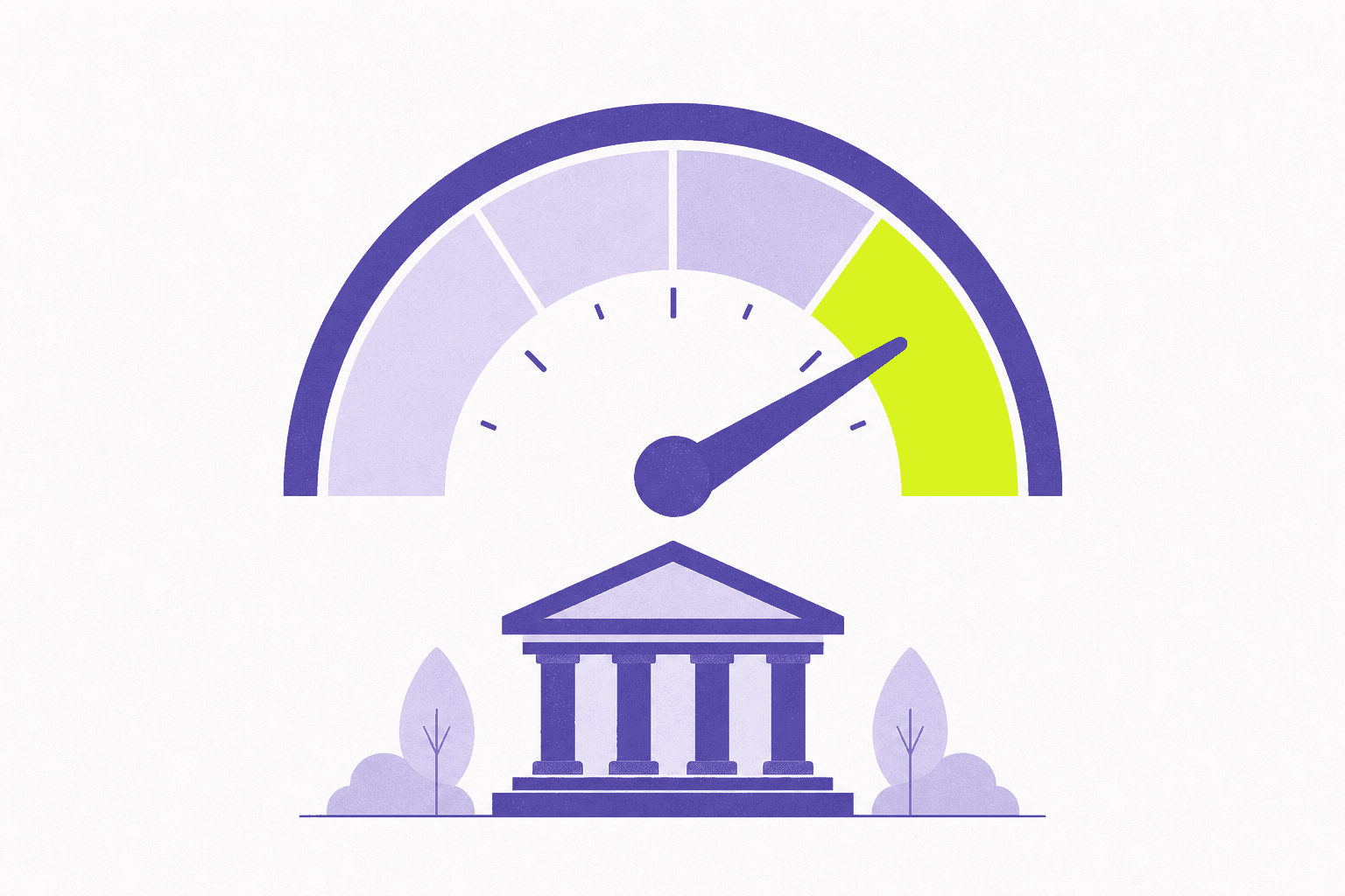 Flat illustration of a coverage gauge dial above a building