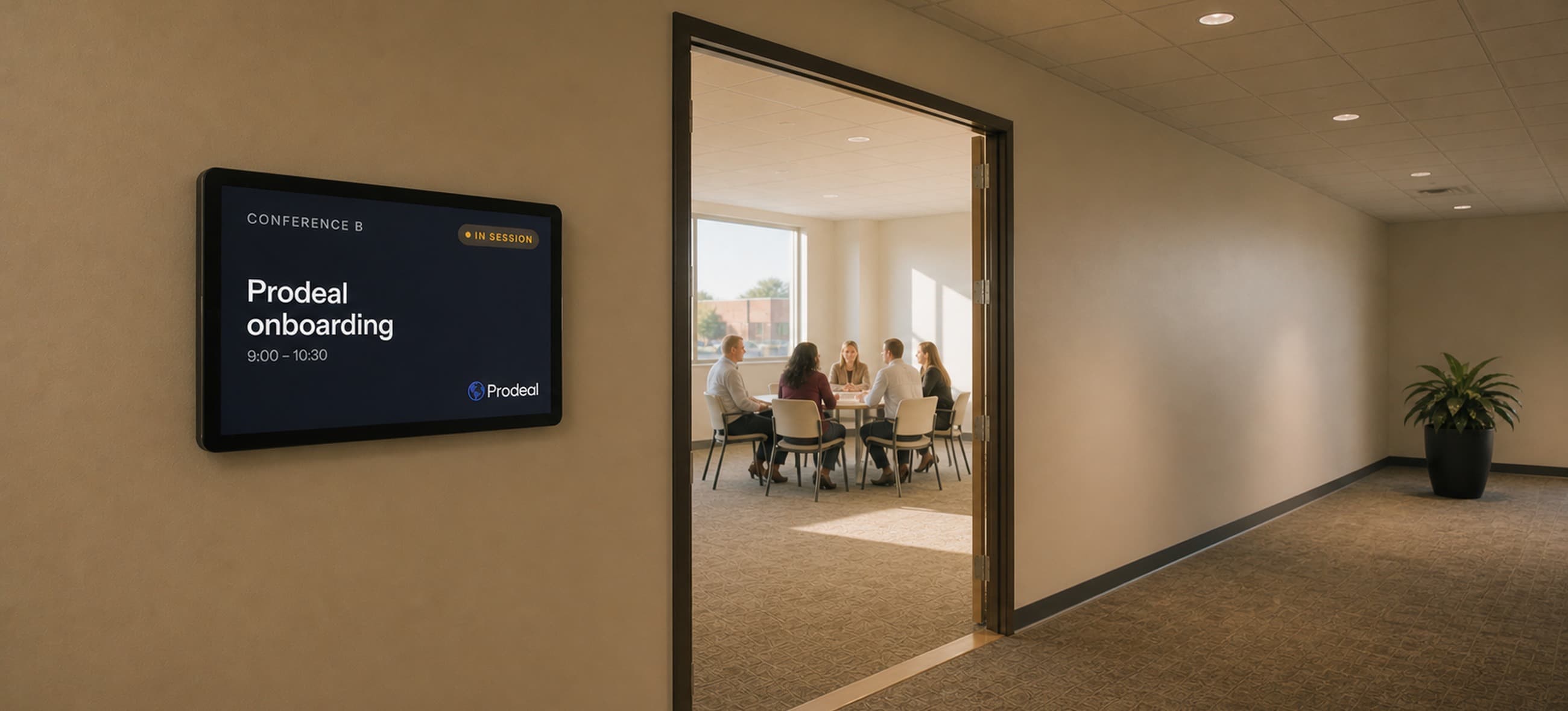 A Prodeal onboarding session under way in a meeting room, seen from the corridor, with the room panel outside showing the booking.