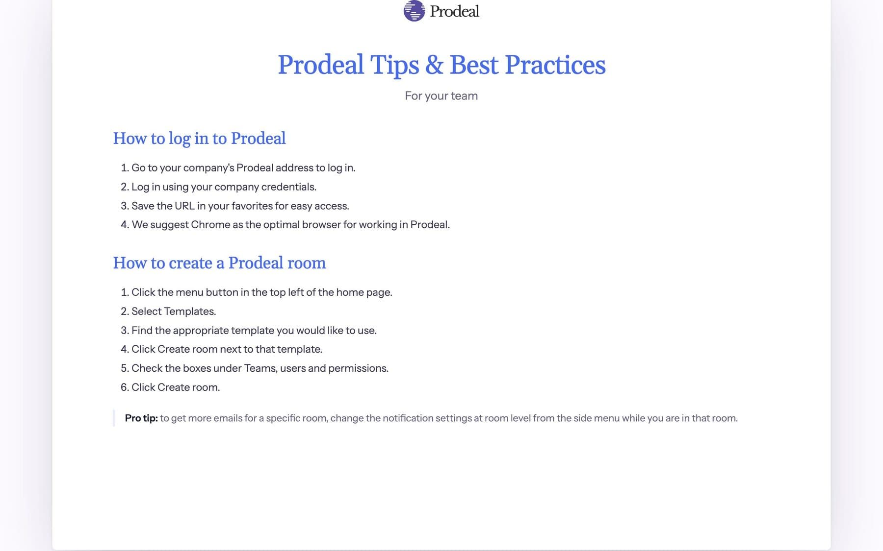 The Prodeal quick start guide, showing how to log in and create a room.