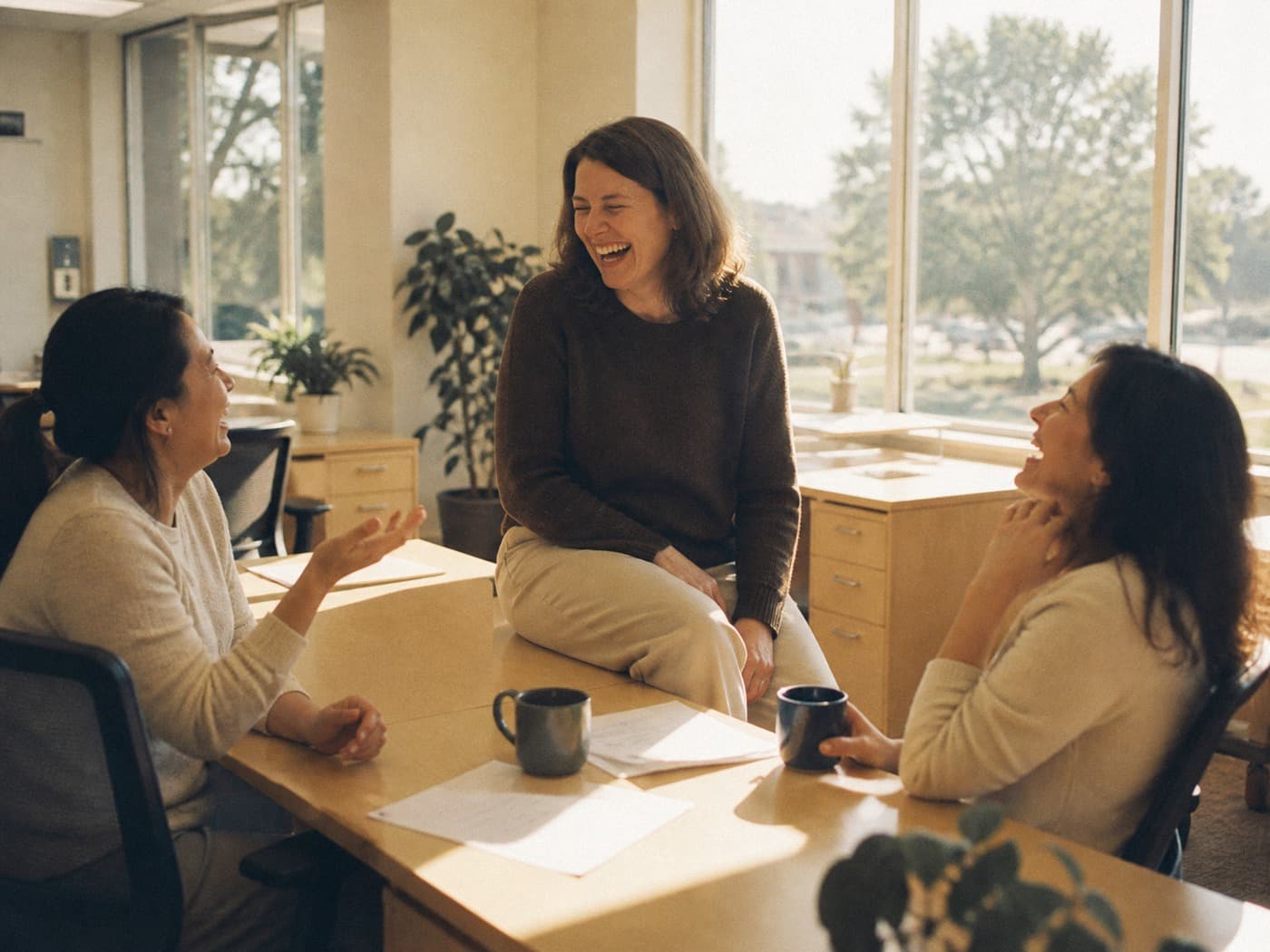 A colleague perched on a desk talking with two others over coffee.