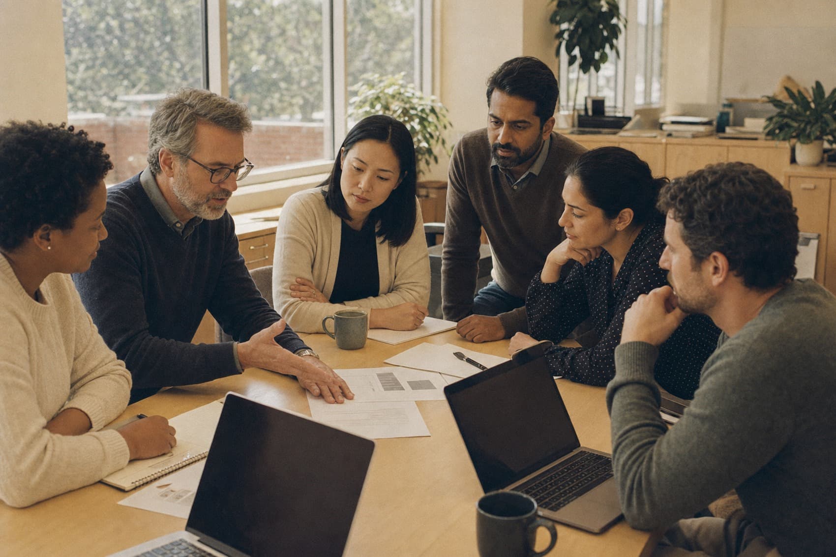 A working session at a desk, one colleague talking through a document while the others follow it.