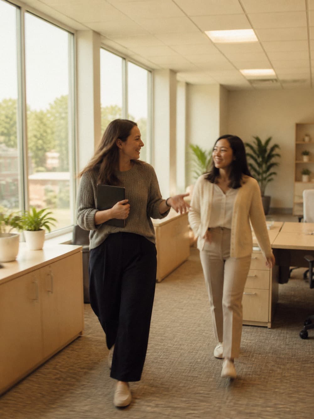 Two colleagues walking and talking through the office.