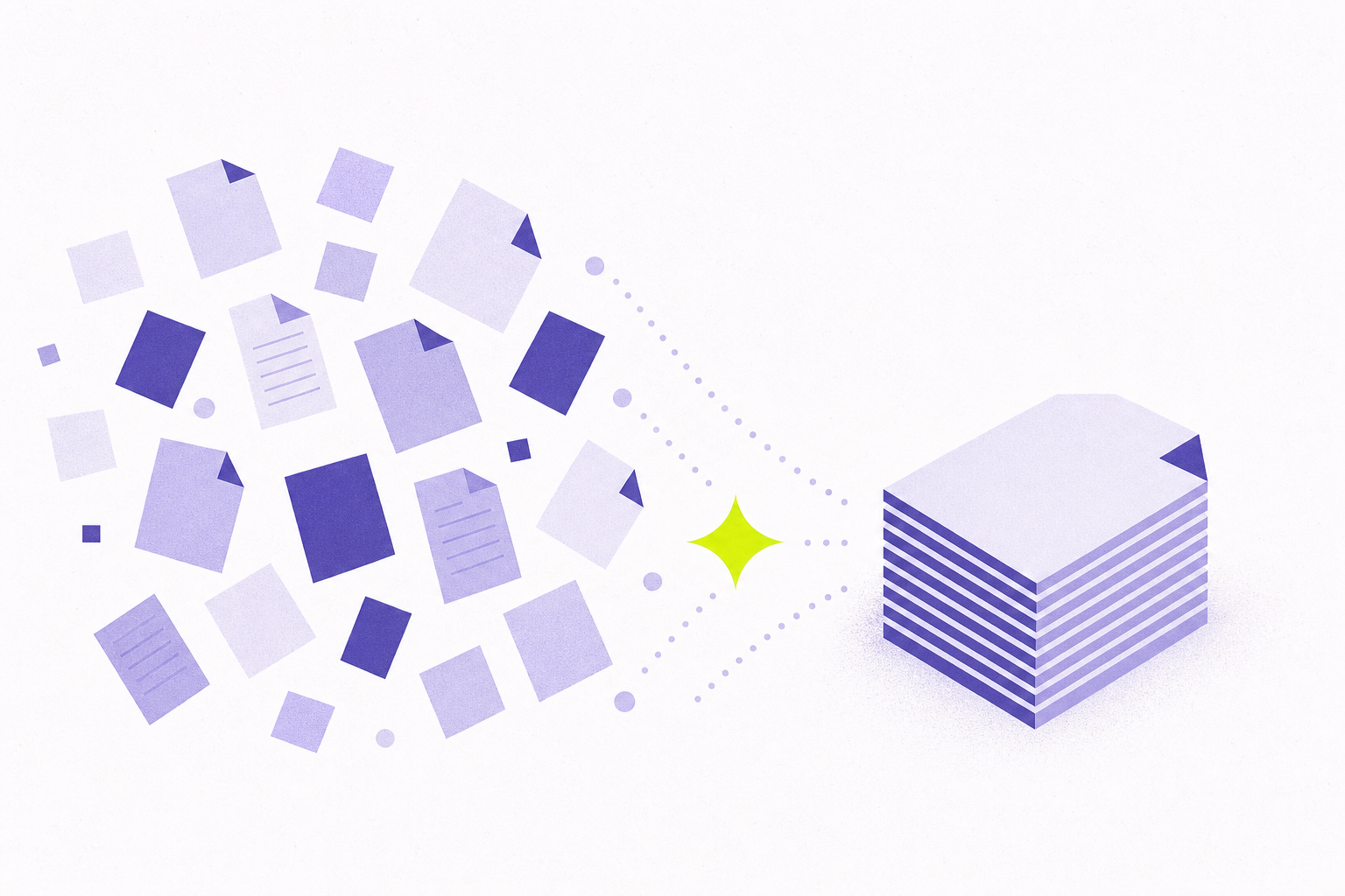 Flat editorial illustration of scattered documents resolving into an ordered stack