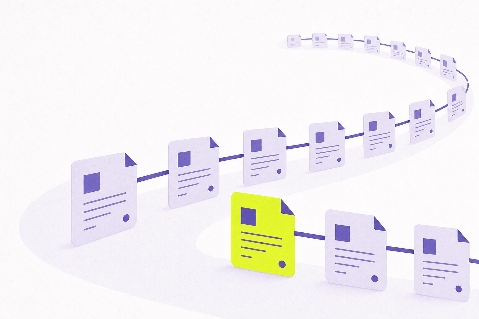 Flat editorial illustration of connected document cards forming a ledger line