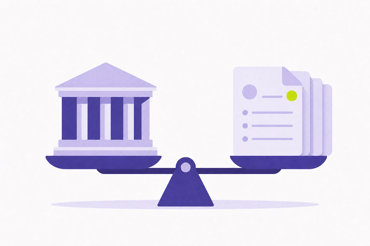 Flat illustration of a building balanced on a scale against comparable document cards
