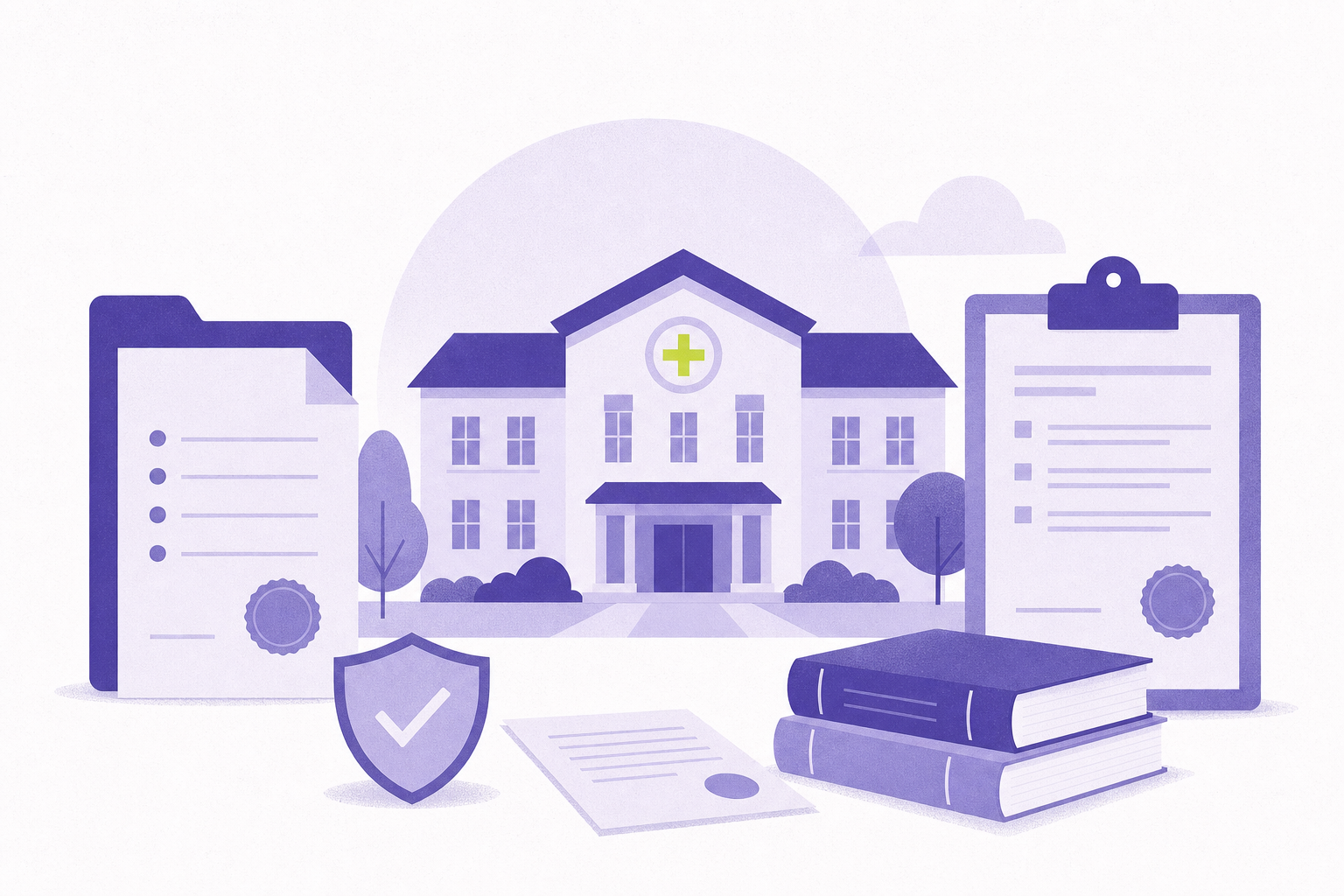 Flat illustration of a care-facility building with a plus-sign accent among regulatory documents