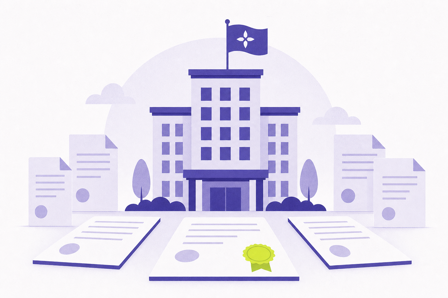 Flat illustration of a hotel building with a brand flag among orderly agreement documents