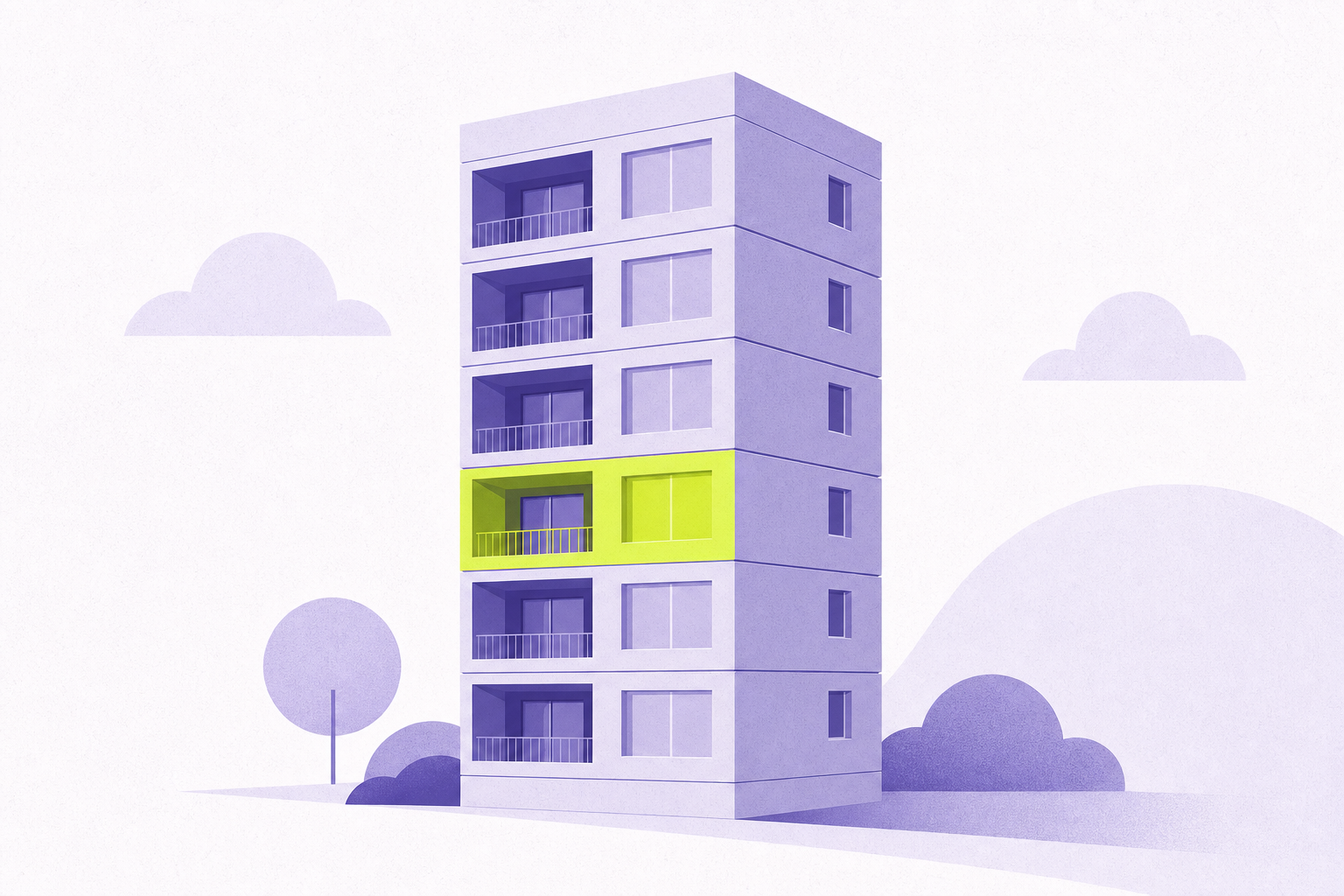 Flat-editorial illustration: multifamily diligence stacked across unit-level documents