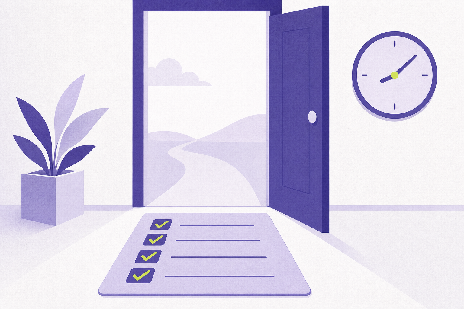 Flat illustration of an open doorway with a checklist welcome mat and a quick clock