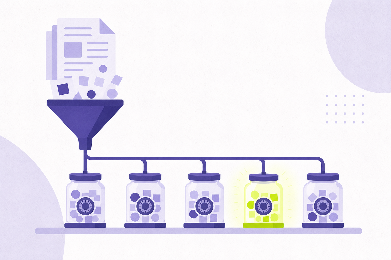 Flat illustration of small vault jars being filled from a document funnel