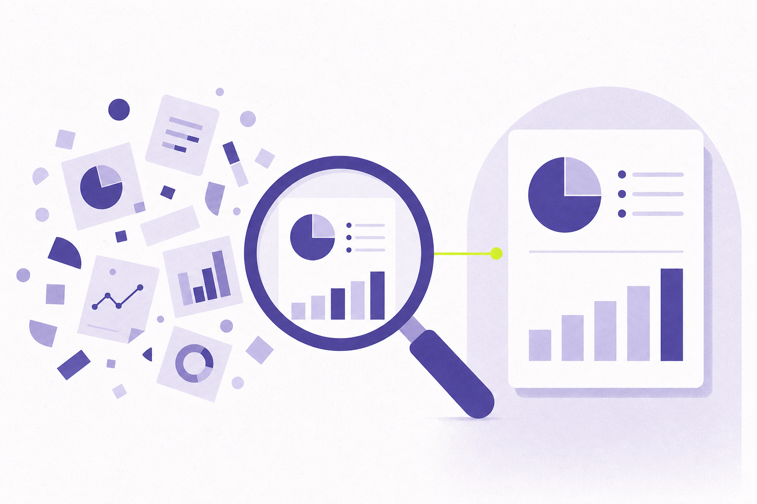 Flat-editorial illustration: an underwriting file rebuilt from scattered pieces