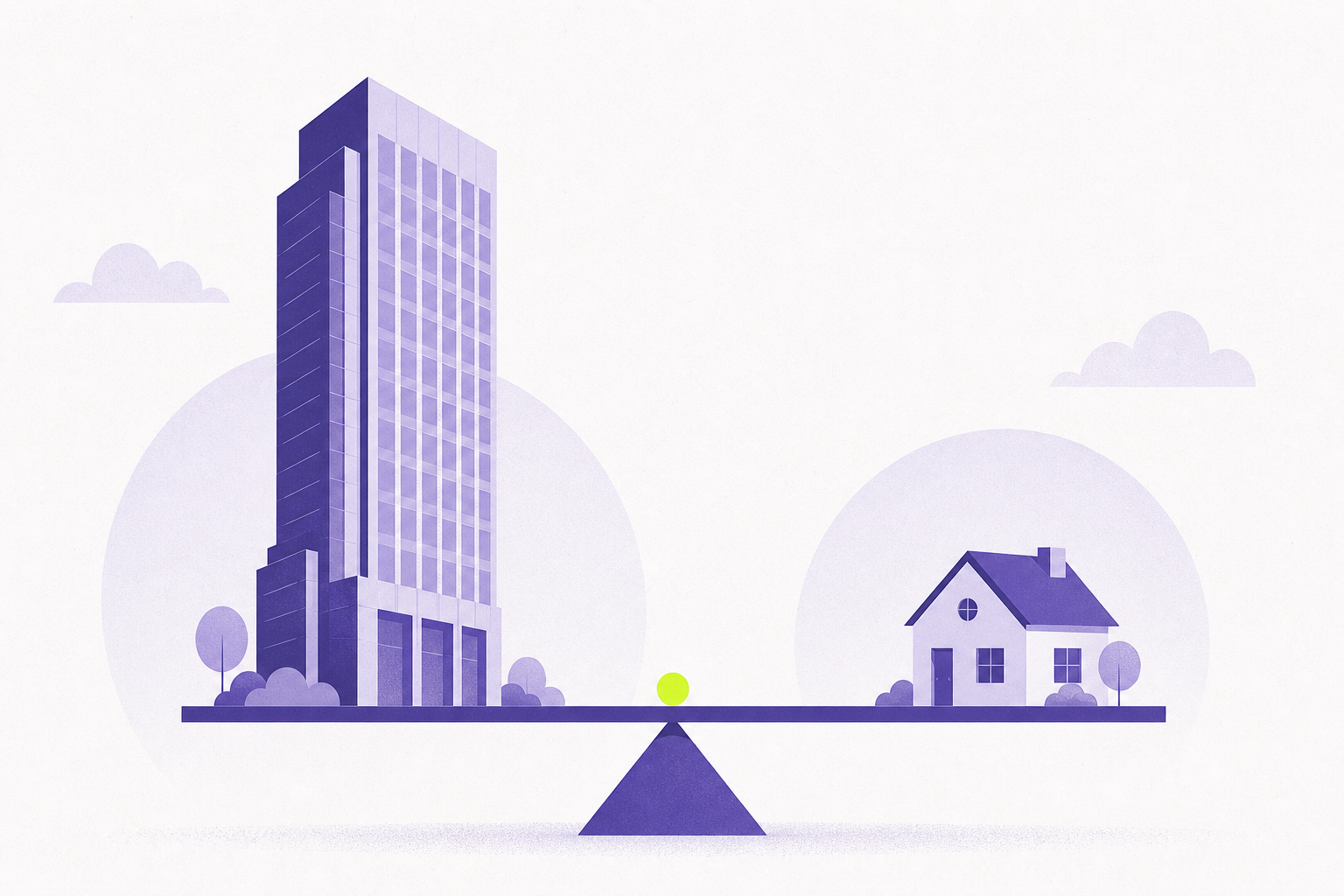 Flat illustration of a tower and a house on a level scale
