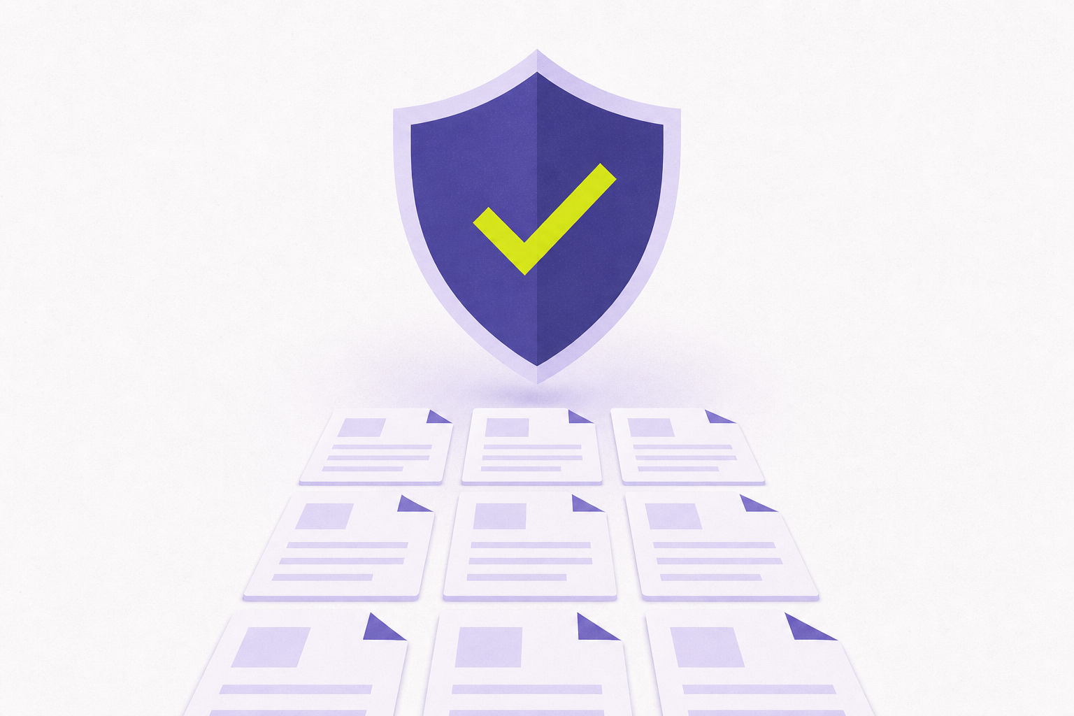 Flat illustration of a shield with a checkmark over aligned documents