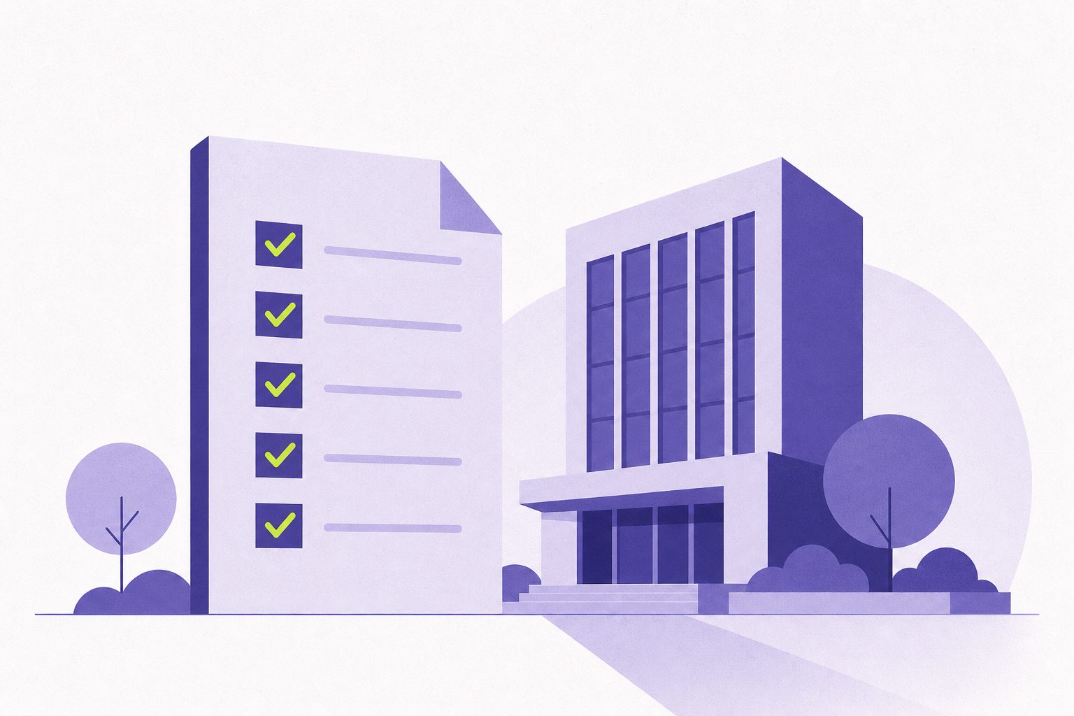 Flat editorial illustration of a checklist document beside a stylized building