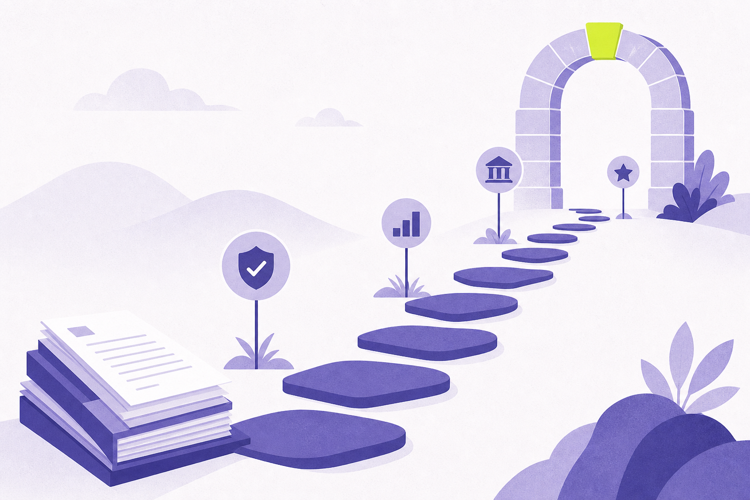 Flat editorial illustration of stepping stones leading from a document stack to a keystone arch