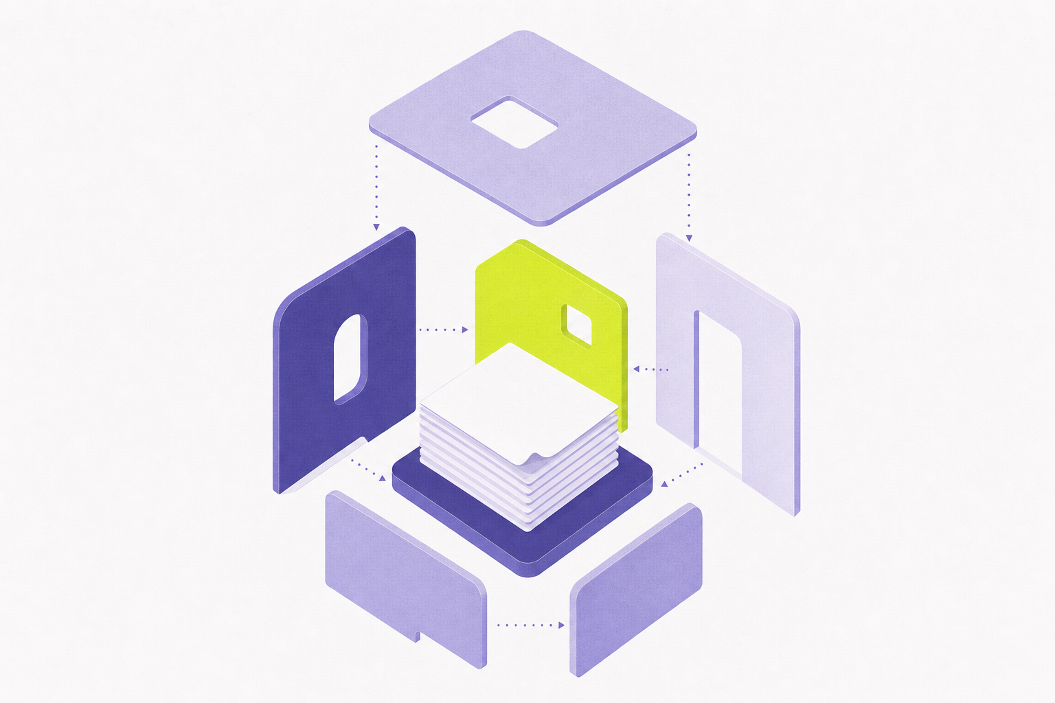 Editorial illustration of a data room assembling from rounded panels