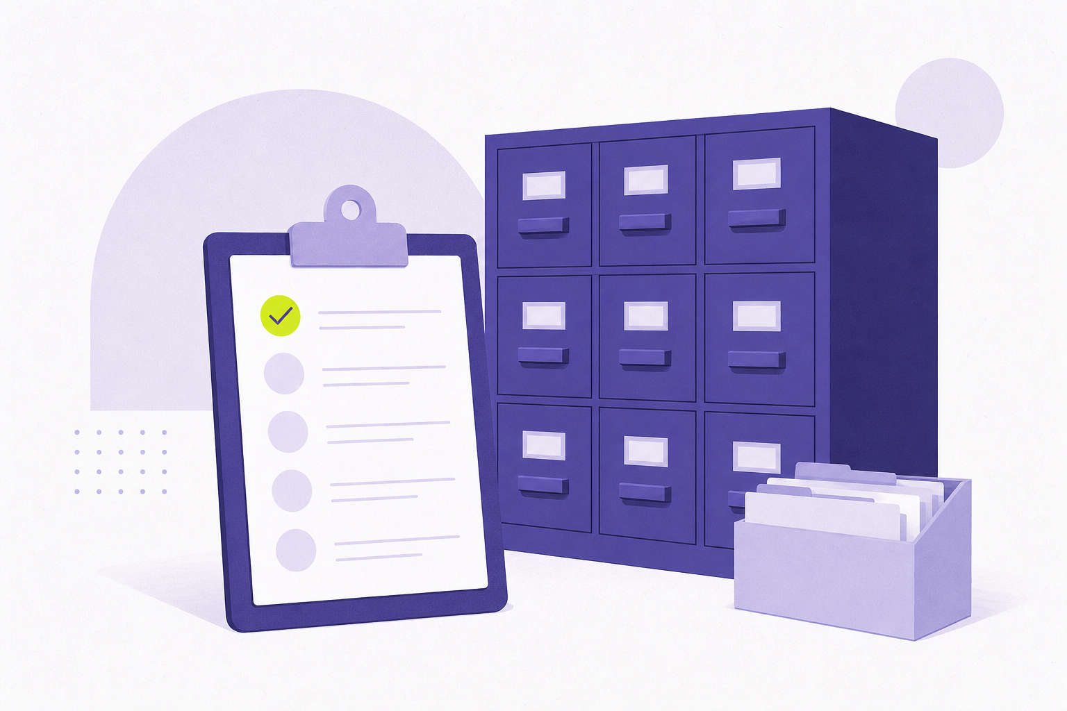 Flat editorial illustration of a clipboard checklist beside a labeled archive cabinet