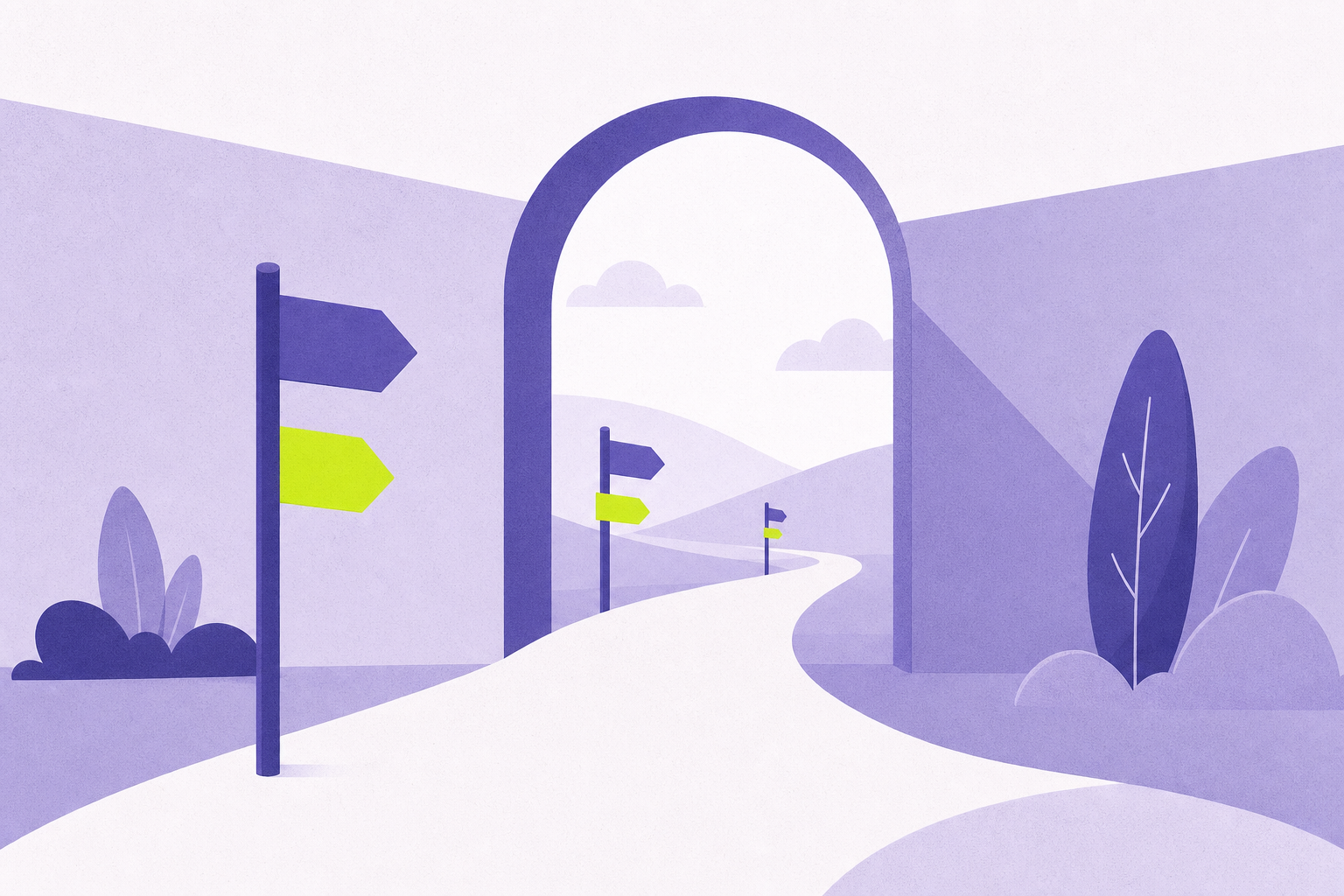Flat illustration of a clear pathway with signposts through a welcoming archway