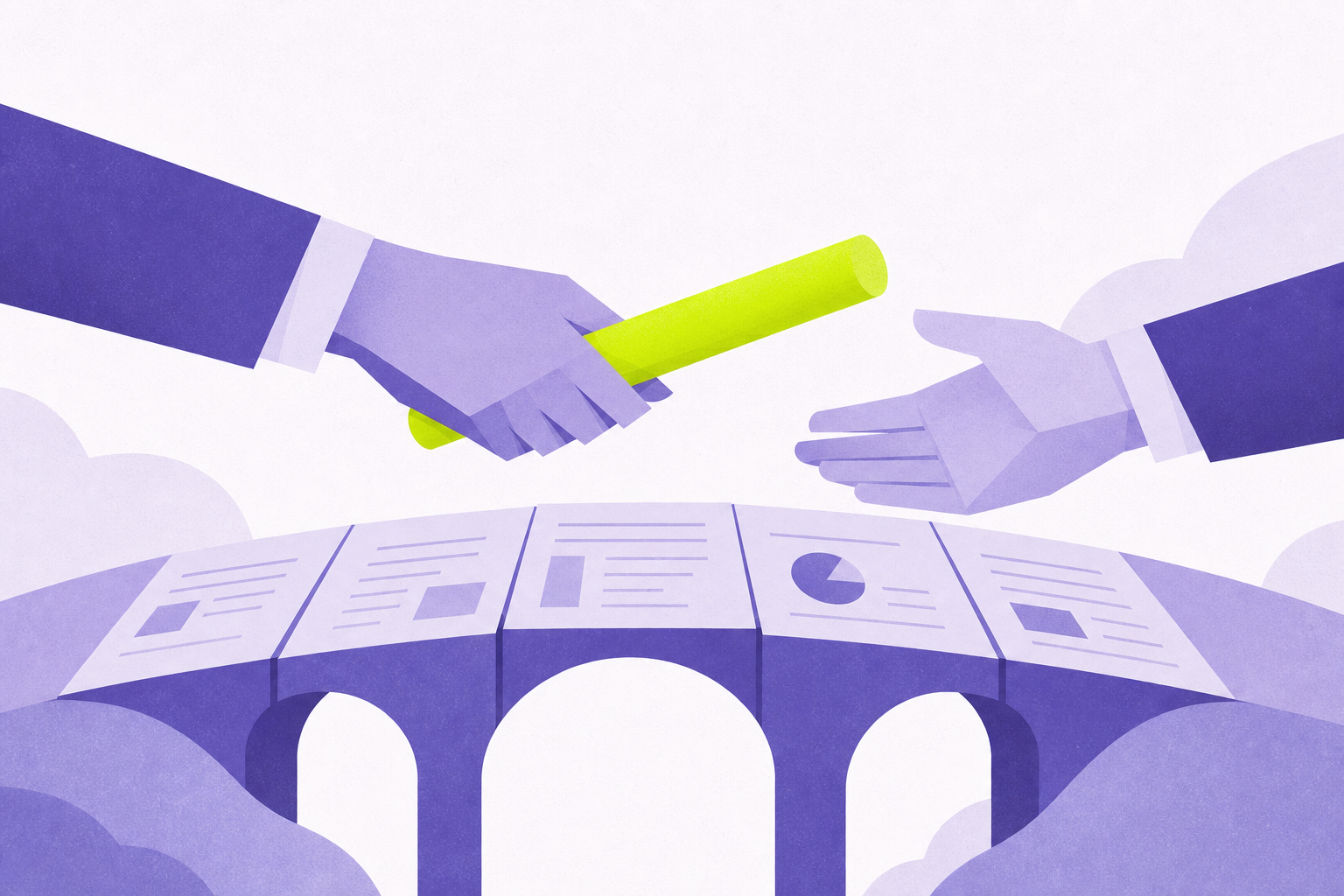 Flat-editorial illustration: a servicing handoff that arrives without its context