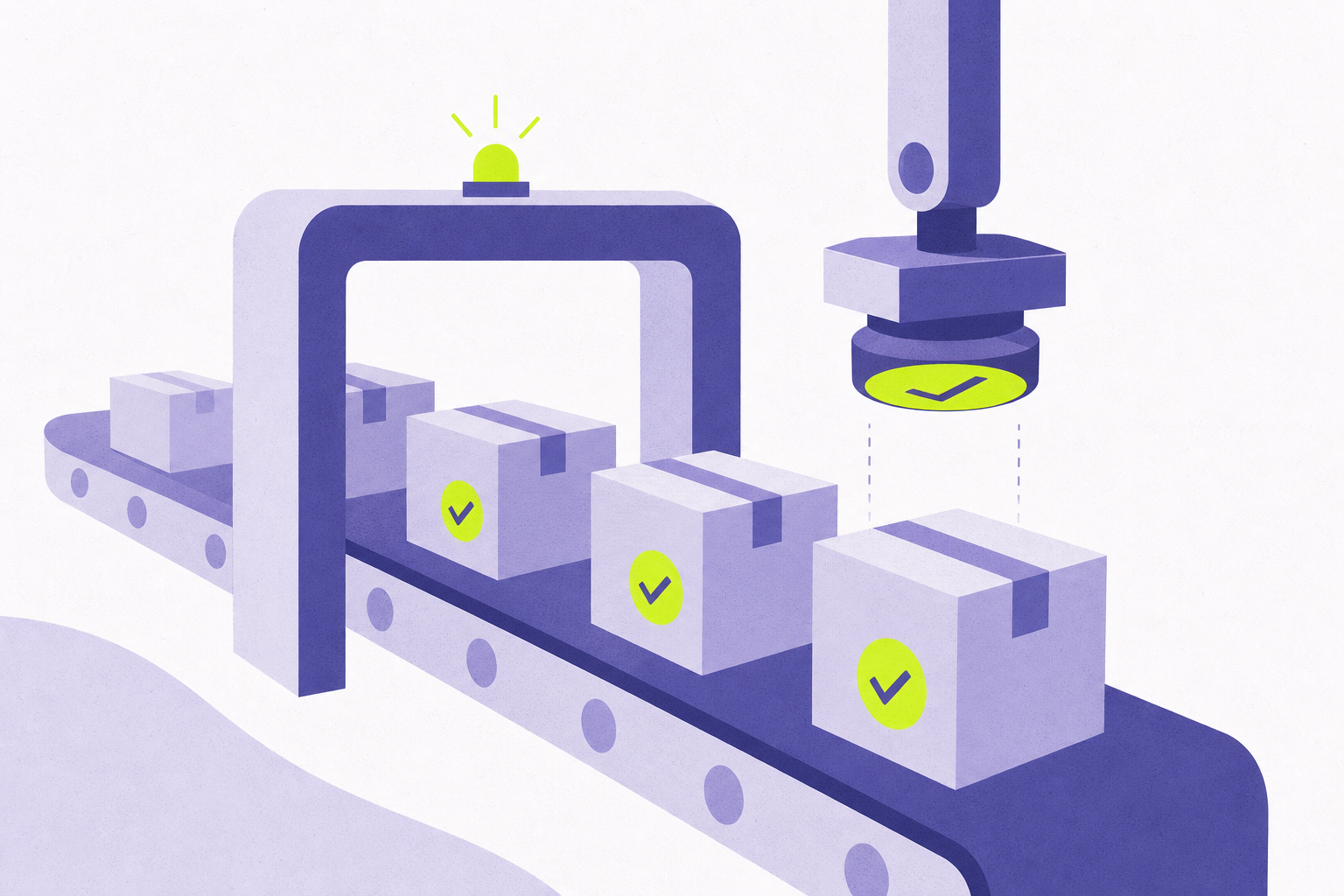Flat illustration of supplier boxes being stamped as they pass an inspection gate