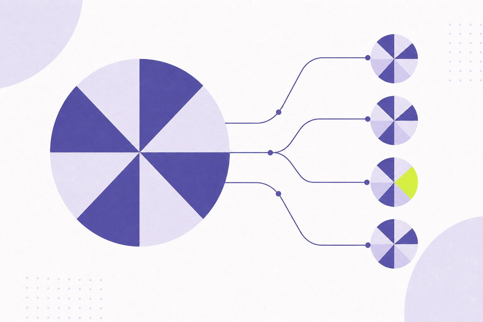Flat editorial illustration of a circle dividing into segments that connect to smaller circles