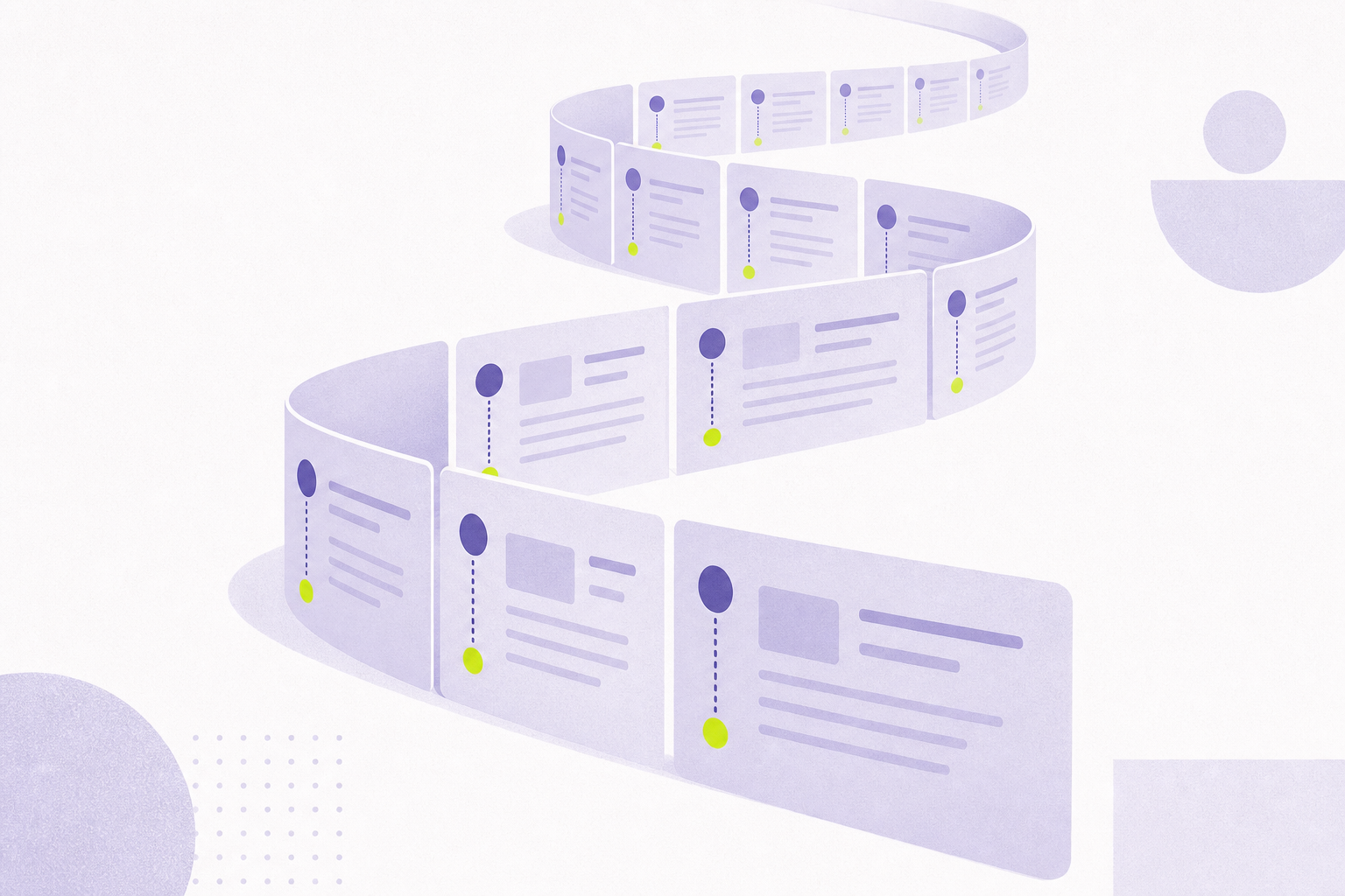 Flat illustration of a timestamped ledger ribbon winding in an orderly trail