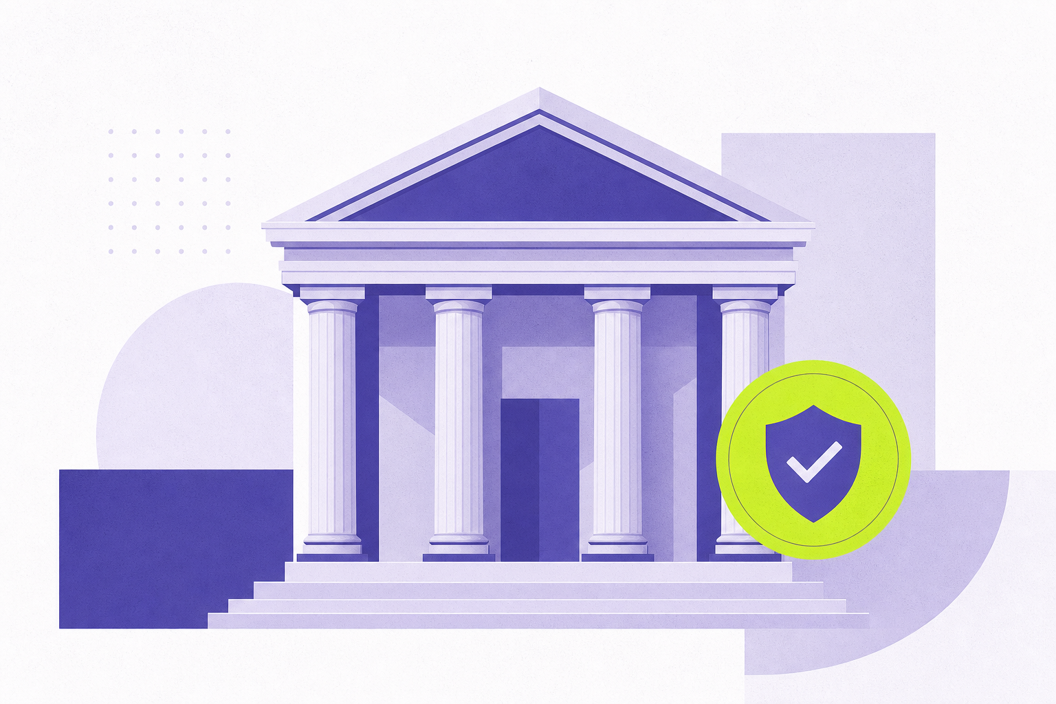 Flat illustration of a bank facade in geometric panels with a seal