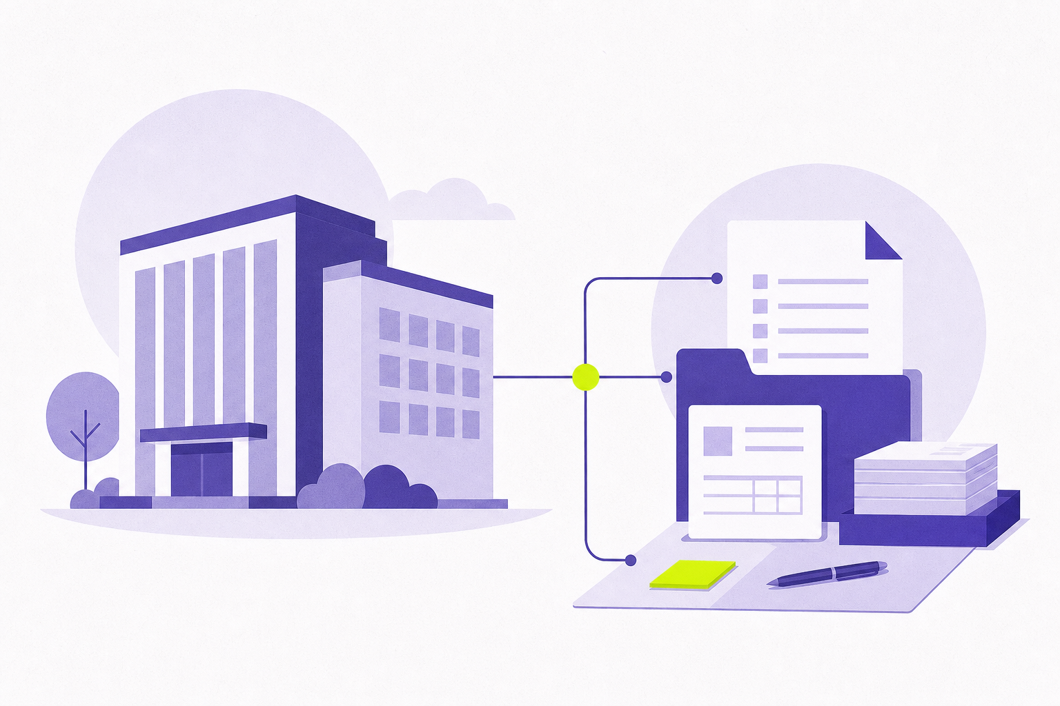 Flat illustration of a commercial building connected to an orderly document workspace