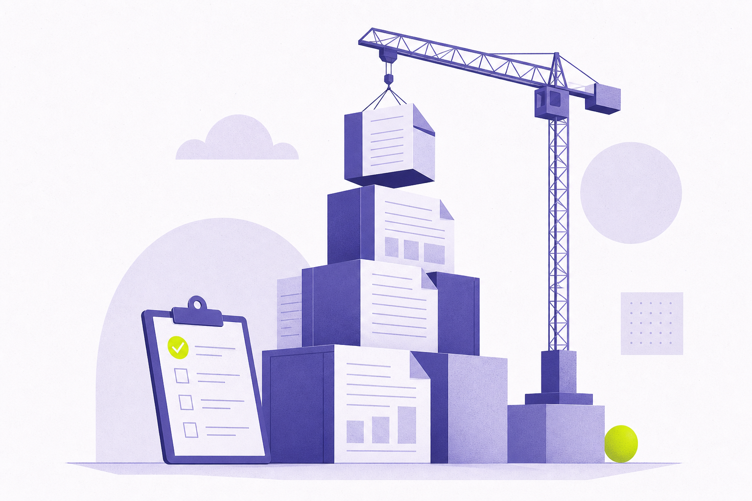 Flat illustration of a rising tower of document blocks with a crane and clipboard