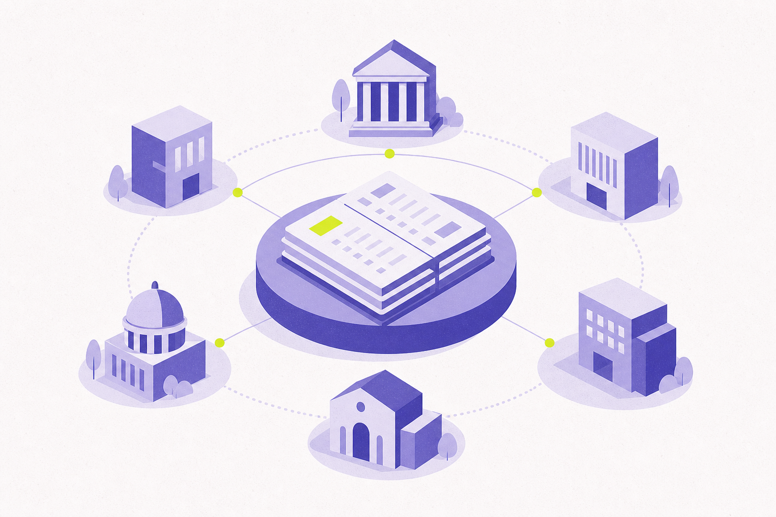 Flat illustration of member buildings orbiting a shared ledger