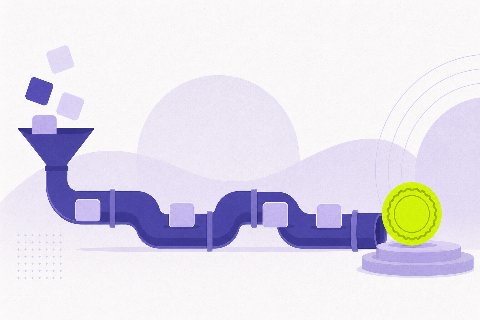 Flat illustration of a pipeline carrying deal tiles to a finished stamp