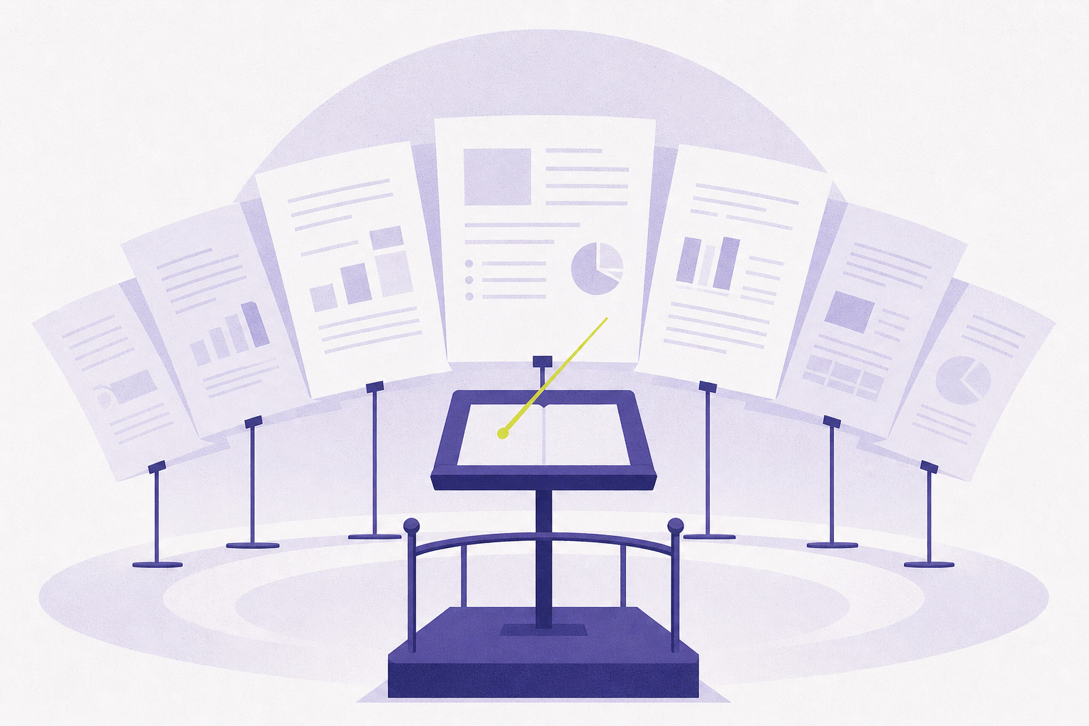 Flat illustration of a conductor's podium orchestrating document sheets
