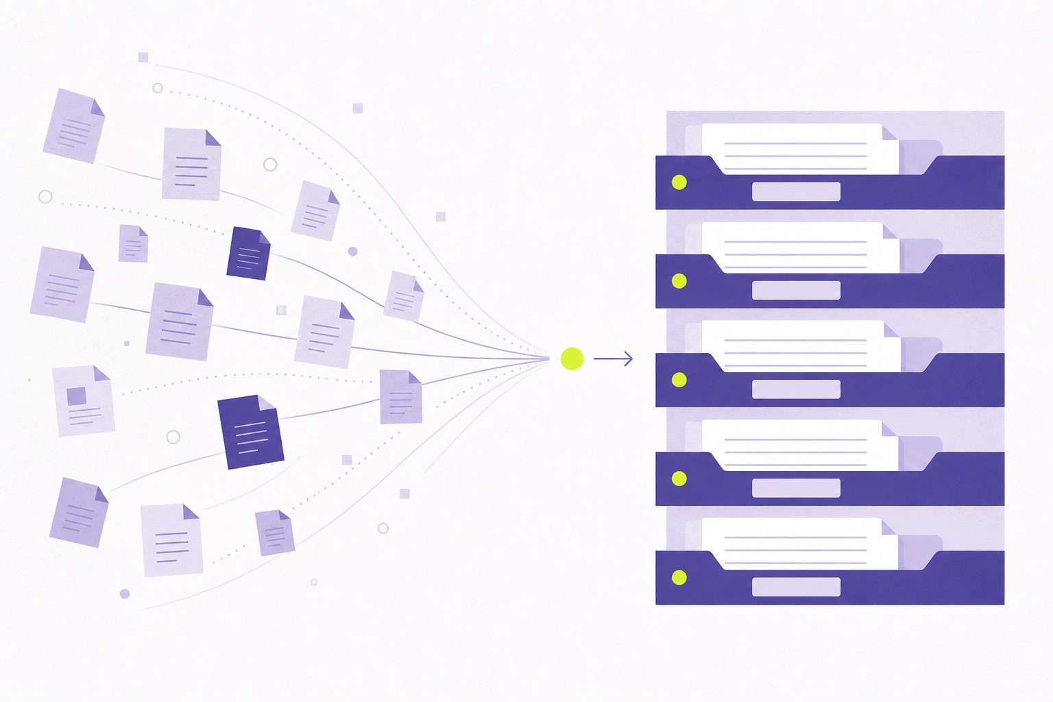 Flat illustration of document requests flowing into labeled slots