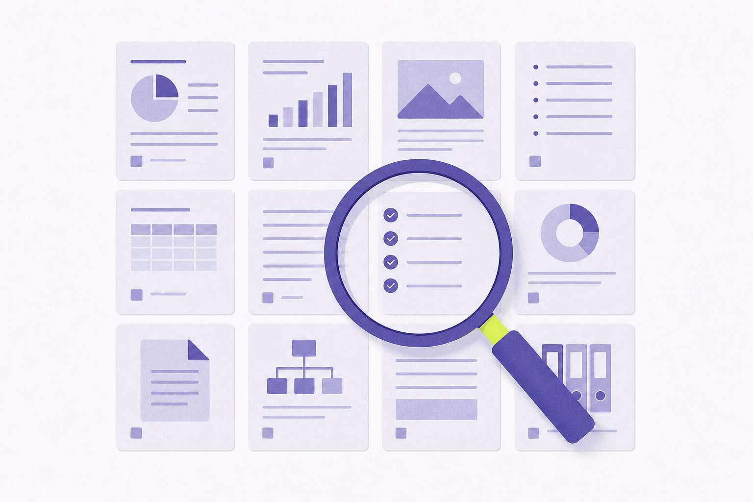 Flat illustration of a magnifying glass over an aligned grid of diligence tiles