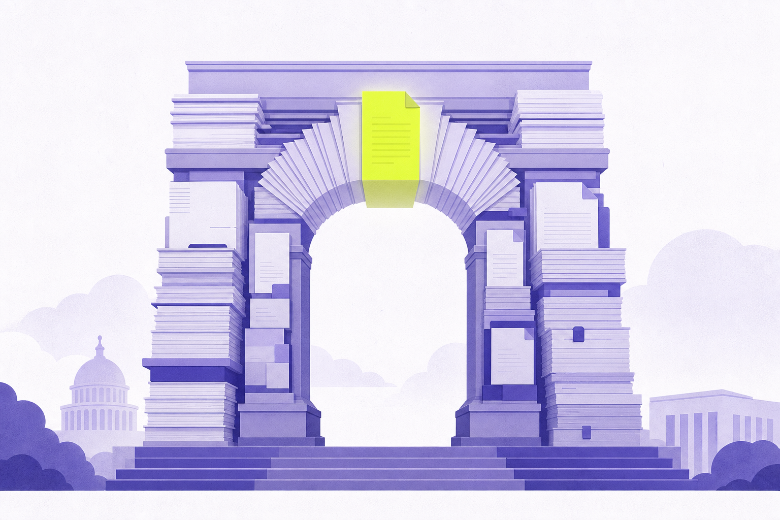 Flat illustration of a federal arch built of stacked exhibit documents
