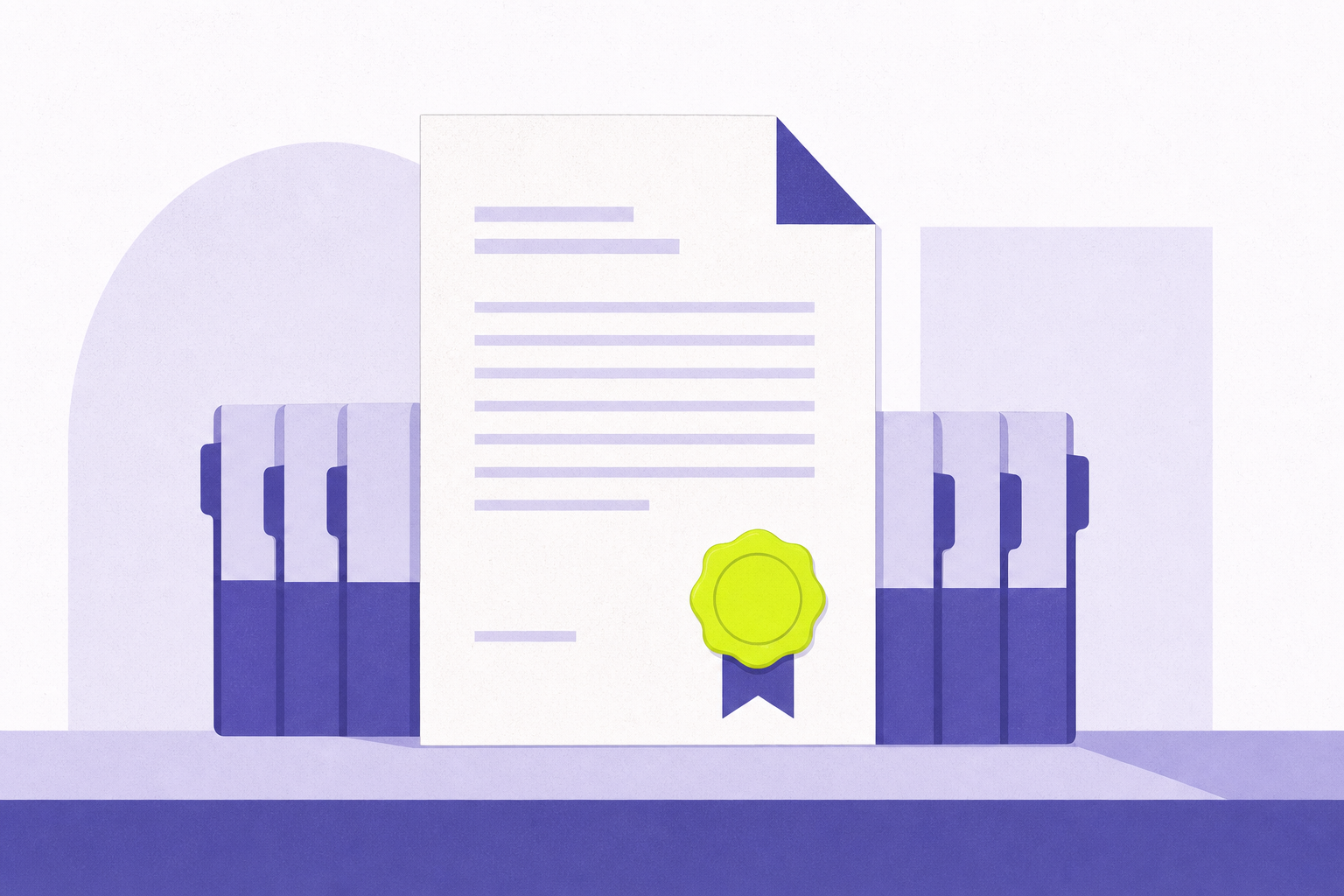 Flat illustration of a legal document with a wax seal and reference tabs