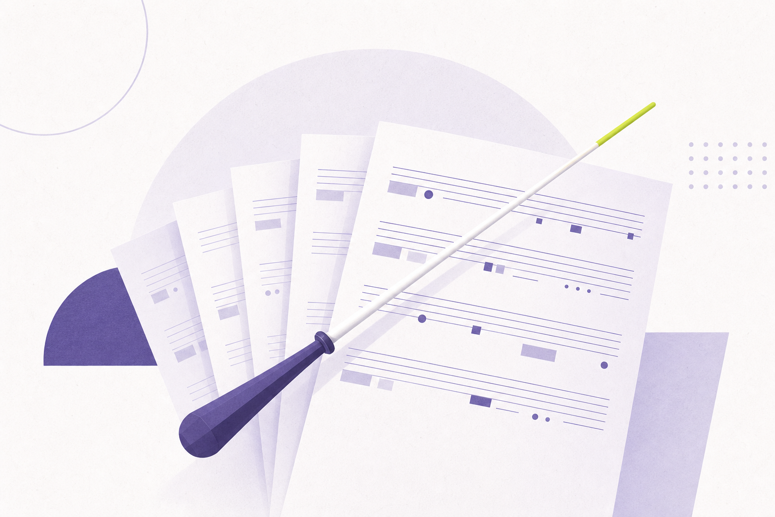 Flat illustration of a conductor's baton over a fan of document sheets