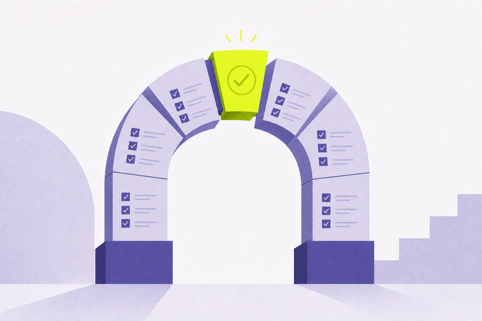 Flat illustration of a keystone set into an archway of checklist documents