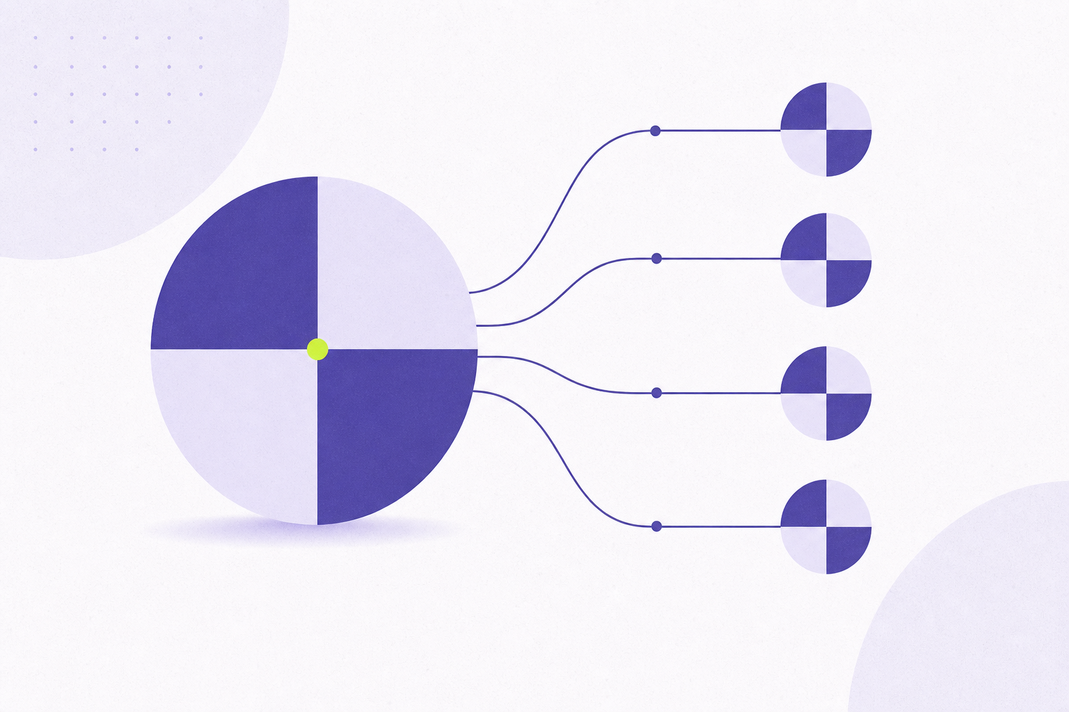 Flat illustration of one circle dividing into shares flowing to connected circles