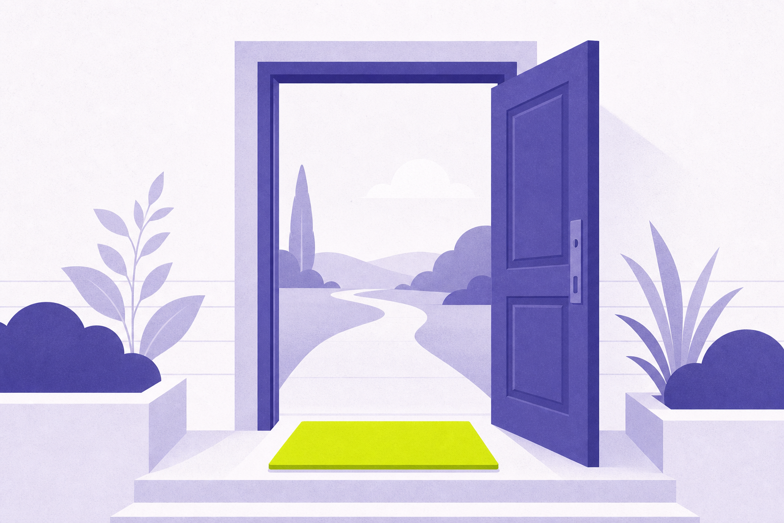Flat illustration of a clean front door opening onto a welcoming path