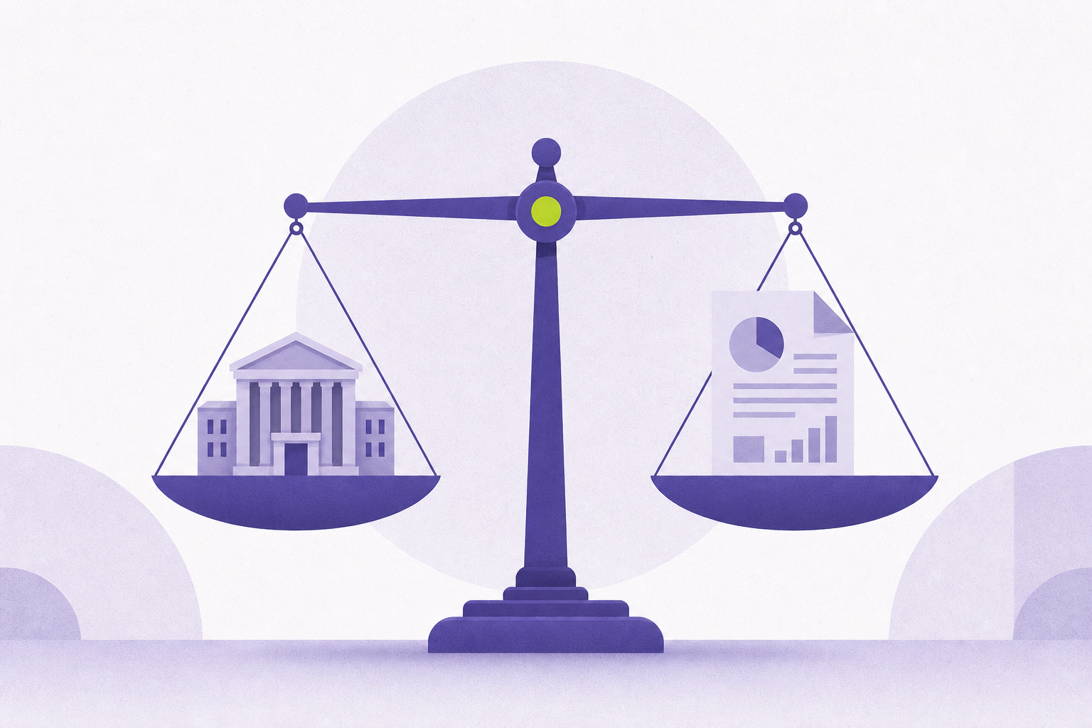 Flat illustration of a balance scale weighing a building against a report