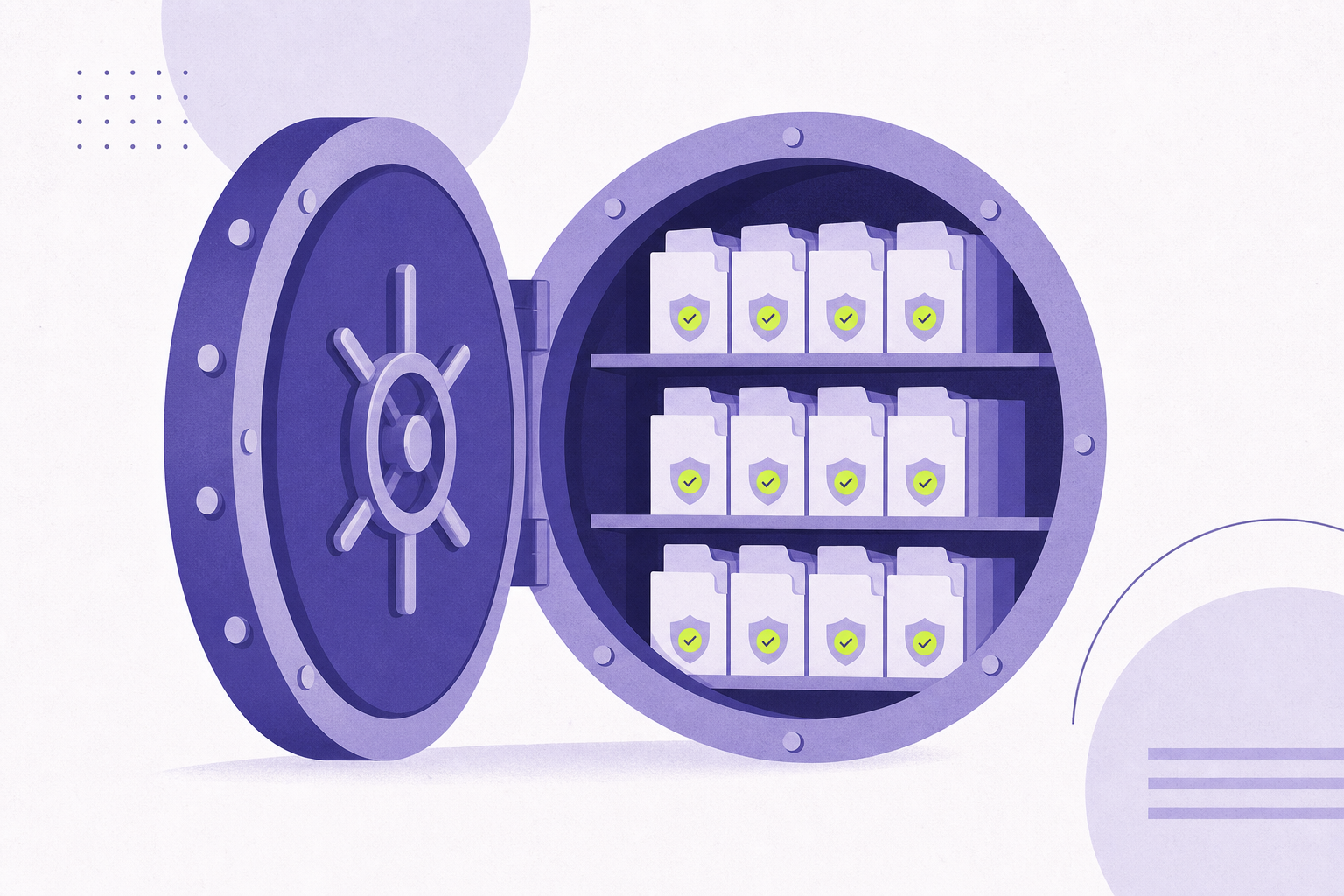 Flat illustration of an open vault revealing permission-labeled folder shelves