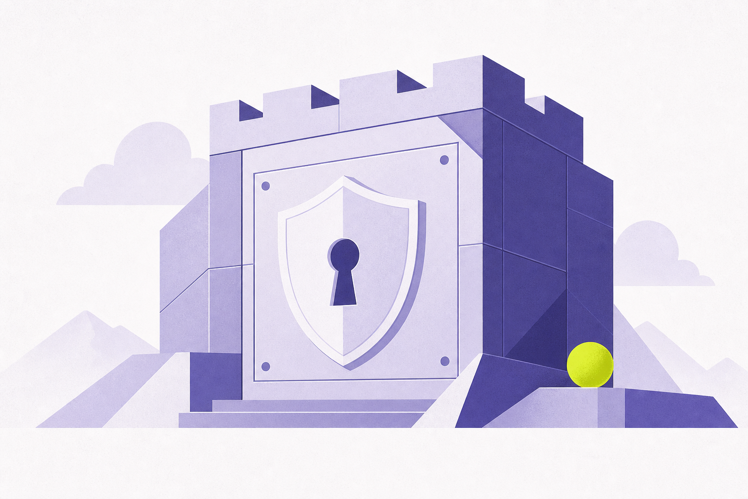 Flat editorial illustration of a geometric vault with a shield emblem and single keyhole
