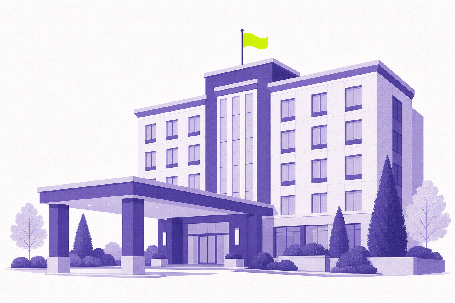 Flat illustration of a hotel with a flag and porte-cochere
