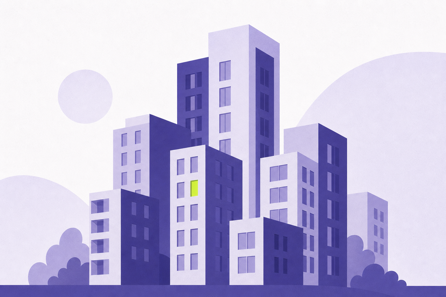 Flat illustration of stacked apartment building blocks forming a skyline