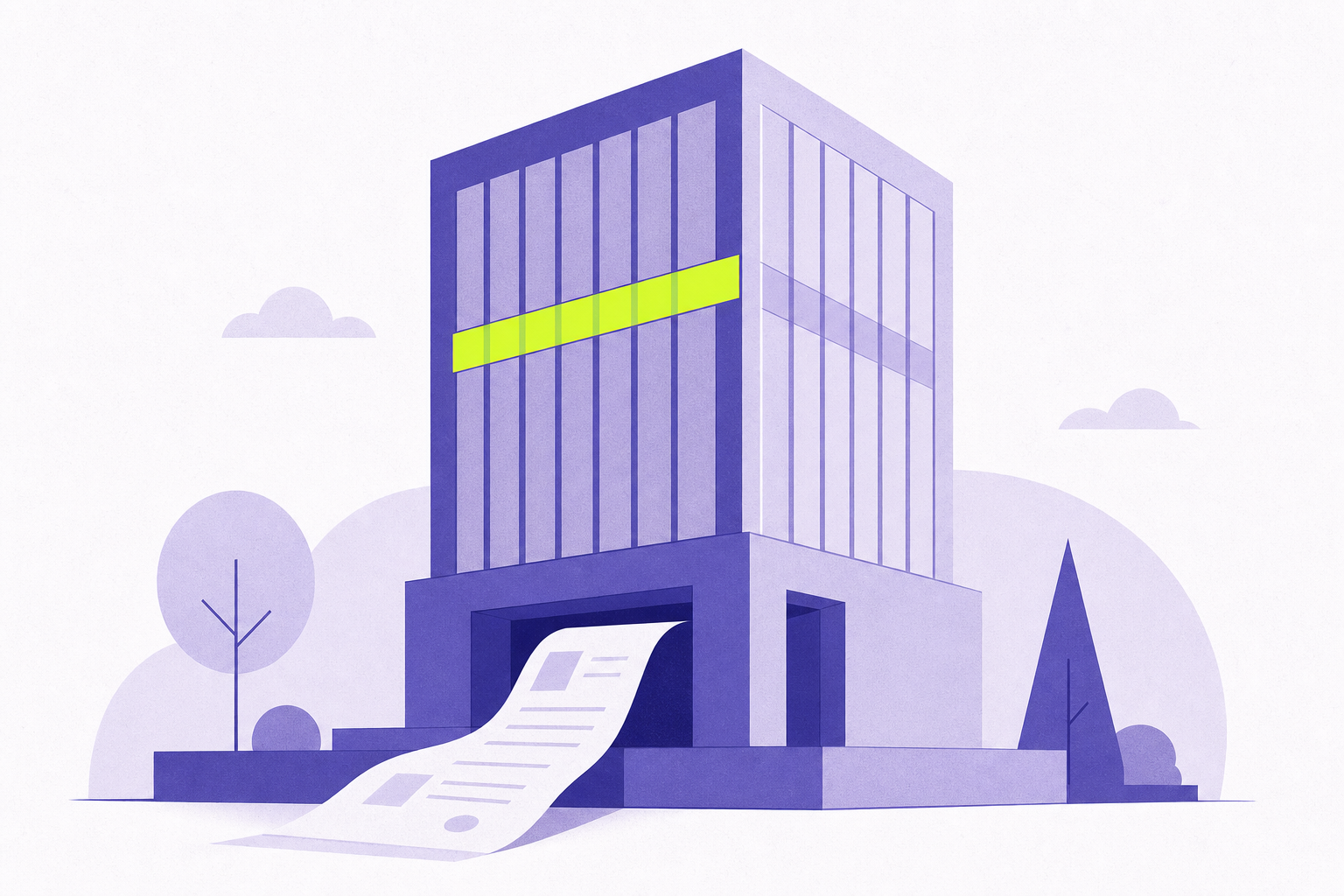 Flat illustration of an office tower with a document at its entrance