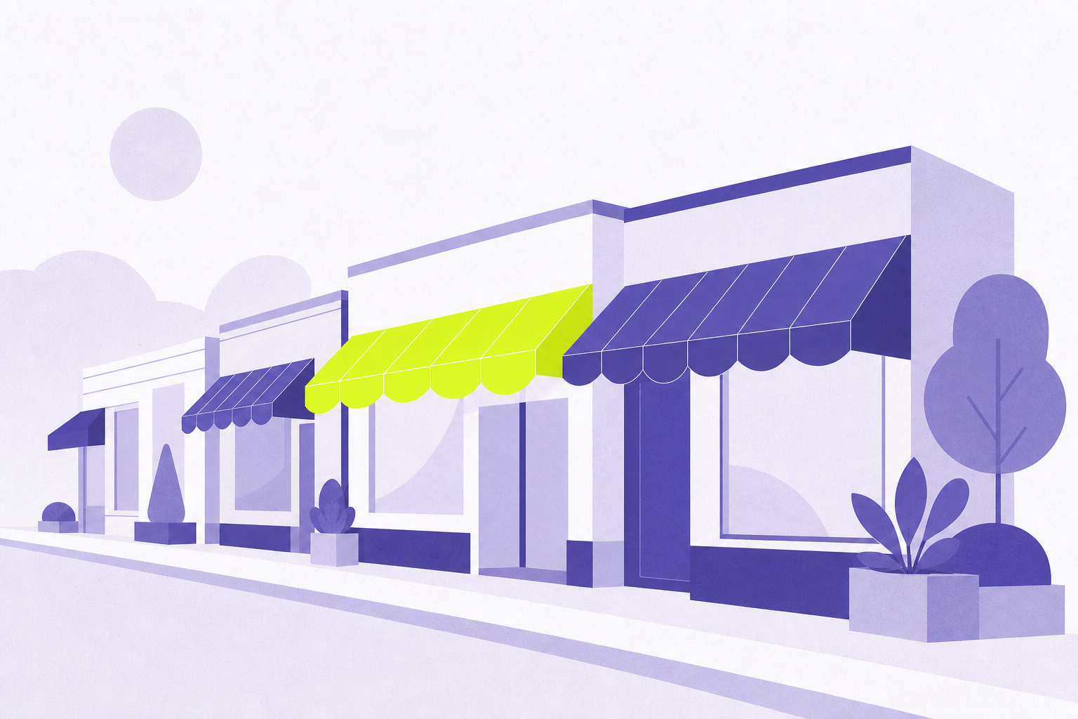 Flat illustration of storefronts with awnings, one lime