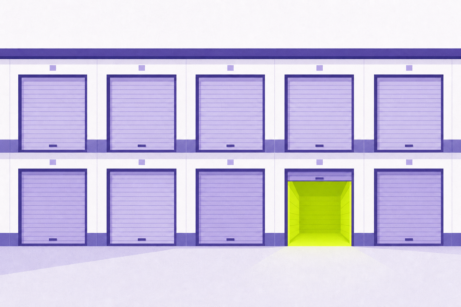 Flat illustration of a grid of self-storage unit doors, one open and glowing
