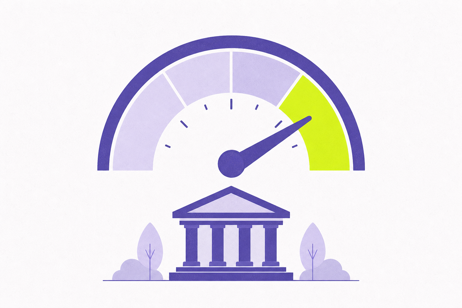 Flat illustration of a coverage gauge dial above a building